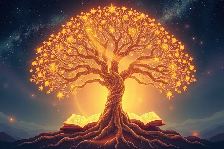 Árbol luminoso con raíces en textos antiguos y ramas hacia un cielo cambiante, simbolizando la sabiduría espiritual
