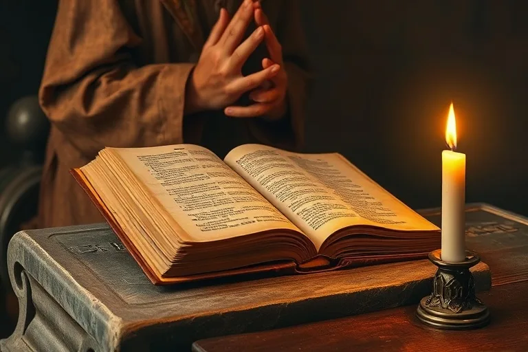 Pintura al óleo de una persona orando con una Biblia abierta y una vela.