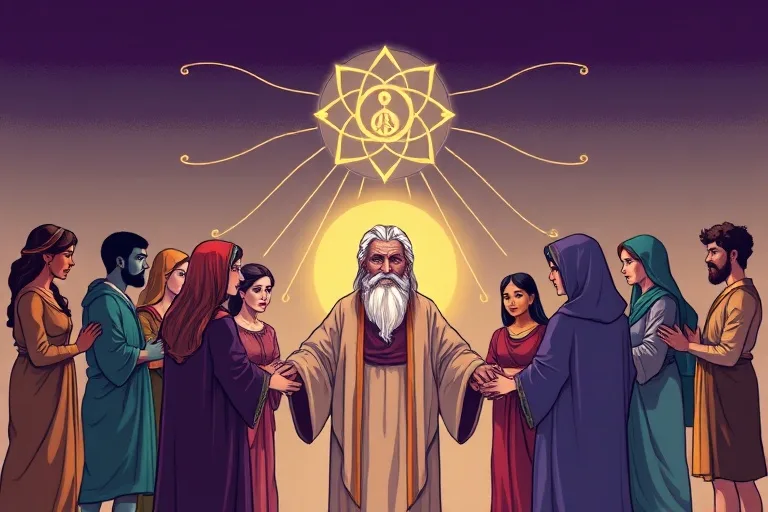 Arte vectorial de un grupo de personas en círculo recibiendo guía de una figura sabia.