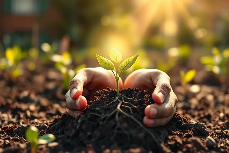 Manos plantando una semilla brillante en tierra fértil, con patrones de geometría sagrada en las raíces, simbolizando el crecimiento ético y el karma positivo.