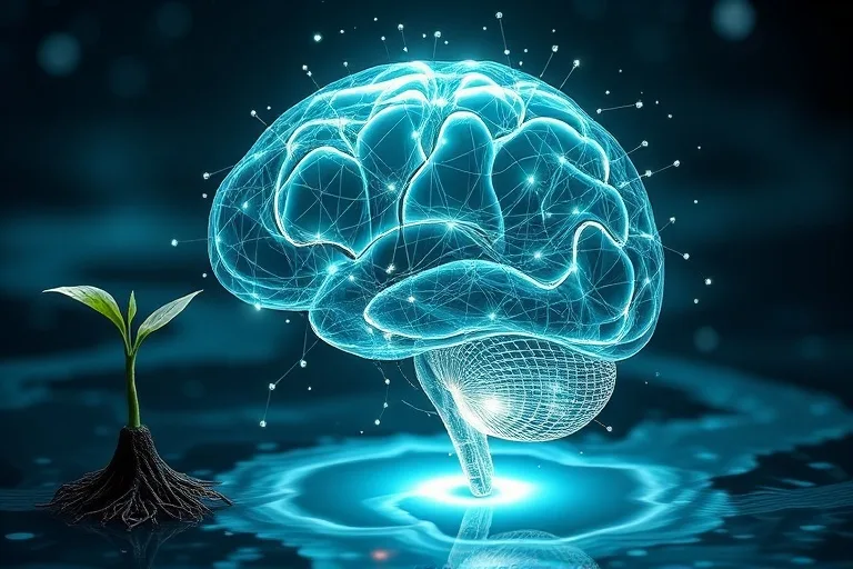Representación conceptual de vías neuronales luminosas en un cerebro, con elementos de crecimiento como raíces y semillas.