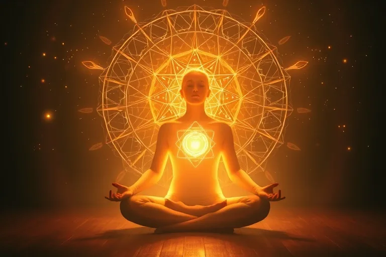 Persona meditando rodeada de energía sutil, simbolizando la influencia de la conciencia en las líneas temporales.
