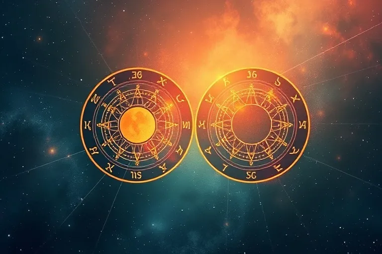 Intertwined astrological charts with energy lines