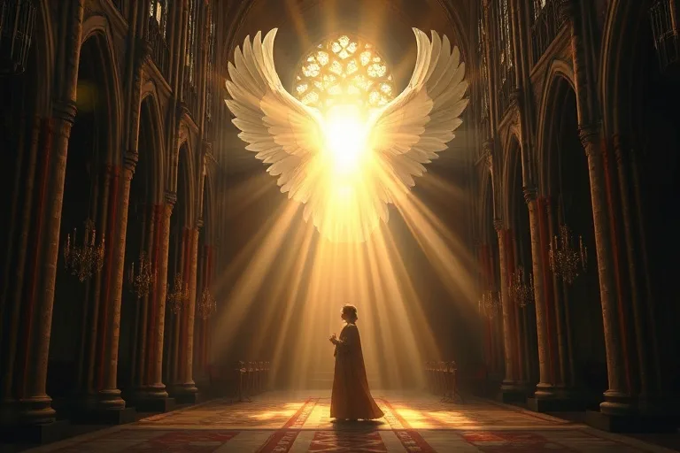Pintura al óleo de un ángel entregando un mensaje a una figura bíblica, con expresiones de asombro y reverencia.