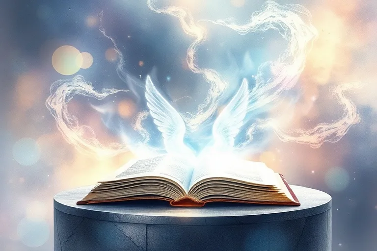 Ilustración mística en acuarela con patrones de luz y color, formas angélicas etéreas y una sensación de paz profunda.