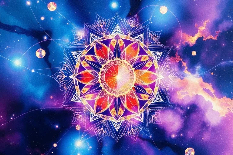 Pintura abstracta de acuarela con colores cósmicos y formas que evocan la mente y el universo