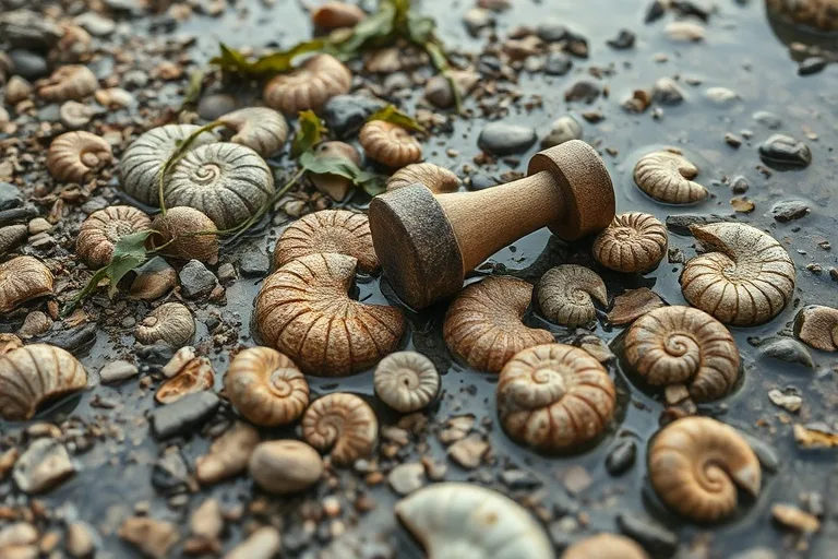 Detalle de un martillo geológico desgastado y cepillos de excavación sobre una superficie rocosa, rodeados de fósiles de amonites y conchas marinas, iluminado por una luz suave y natural.