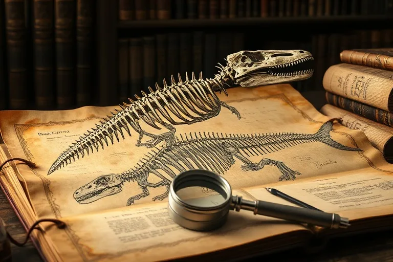 Ilustraciones científicas antiguas de esqueletos de reptiles marinos, como ictiosaurios y plesiosaurios, detalladas en un estilo clásico sobre un fondo de pergamino, con una lupa y libros antiguos que sugieren un estudio profundo.
