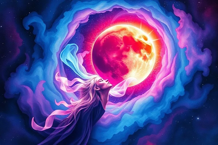 Abstract watercolor depiction of emotional energy flowing and releasing during a lunar eclipse, with soft, blending colors and subtle celestial elements.