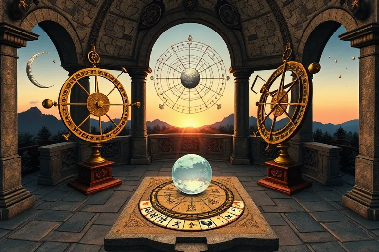 3D render of an ancient astronomical observatory, featuring detailed brass instruments and an astrological chart etched into stone, under a twilight sky.
