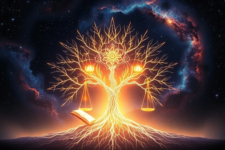 Árbol de luz con símbolos de éxito y paz