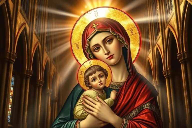 Un icono bizantino de la Virgen María con el Niño Jesús, destacando los detalles dorados y la expresión serena de las figuras.