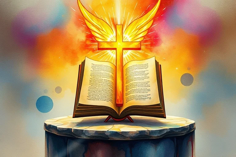 Una ilustración abstracta de luz divina emanando de una cruz estilizada, con colores vibrantes que recuerdan a un vitral, simbolizando la revelación espiritual.