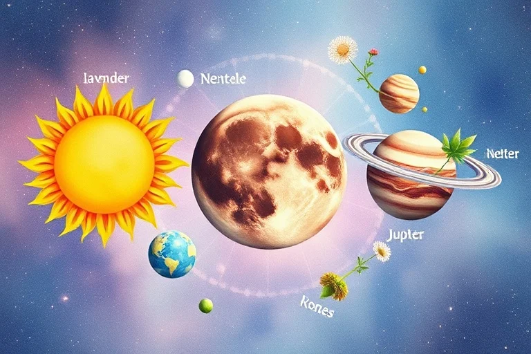 Watercolor illustration of solar system with herbs