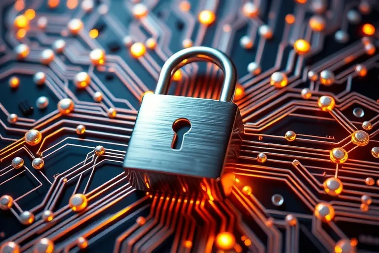 Icono de candado digital integrado en una red de nodos y líneas brillantes