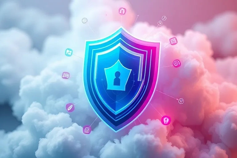 Escudo digital multicapa con iconos de seguridad sobre formas de nube abstractas