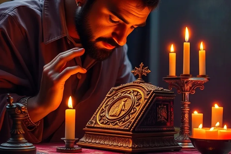 Persona devota orando y tocando un relicario en un altar, con luz espiritual