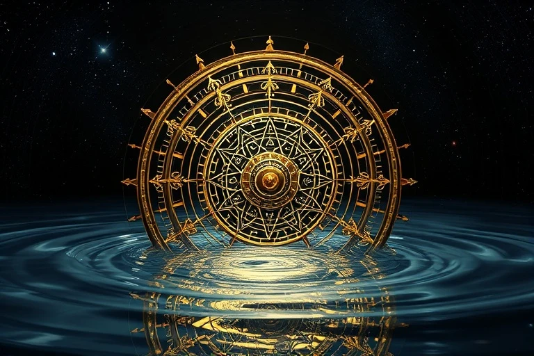 3D render of a clockwork mechanism with planetary symbols