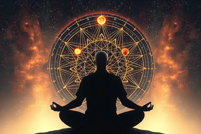 Una persona meditando bajo un cielo estrellado, con líneas energéticas que la conectan a símbolos planetarios, representando la conexión del alma con influencias kármicas.