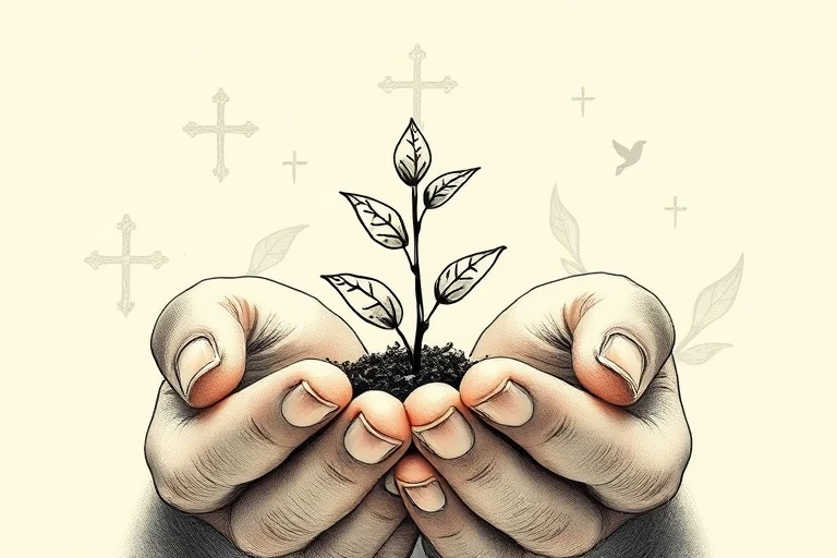 Manos sosteniendo una planta joven, con símbolos religiosos sutiles en el fondo natural.