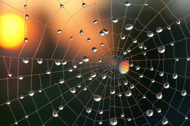 Detalle de gotas de rocío en una telaraña, reflejando un amanecer, simbolizando la delicadeza de la creación.