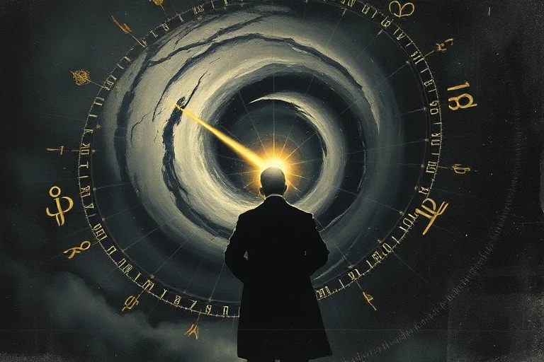 Stylized human silhouette facing a vortex of dark energy with planetary symbols