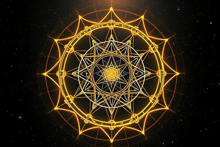 Abstract geometric forms of planetary orbits and alchemical symbols in gold