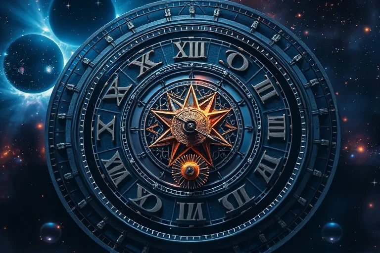 El tiempo cósmico y la psique zodiacal Reloj cósmico con símbolos zodiacales y arquetipos psicológicos