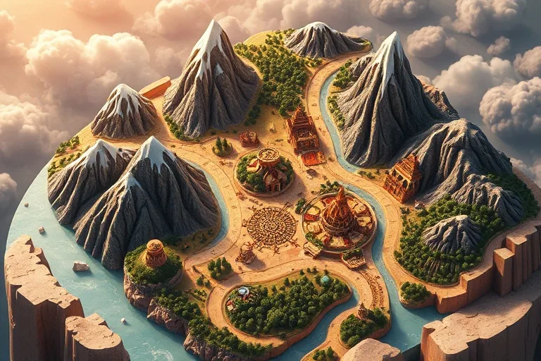 Stylized map showing a hero's journey through symbolic landscapes