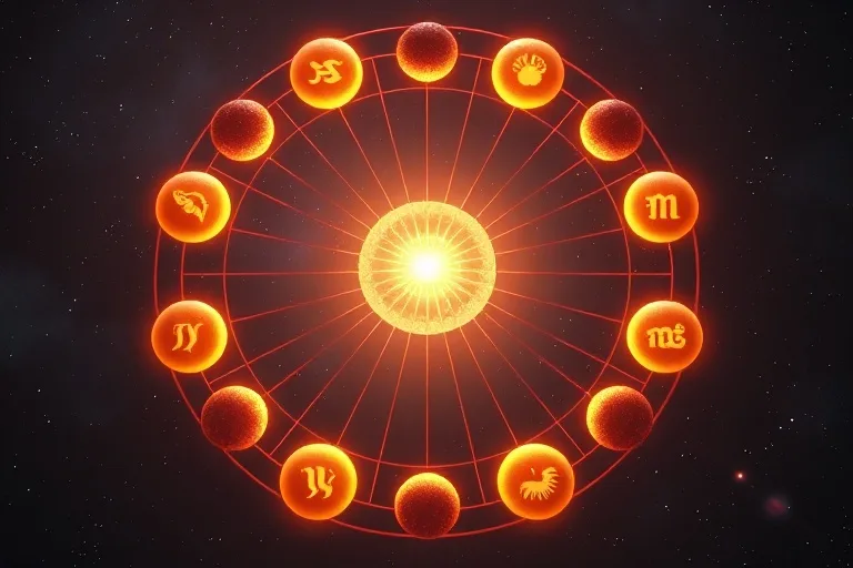 Abstract 3D render of glowing zodiac orbs around a central light