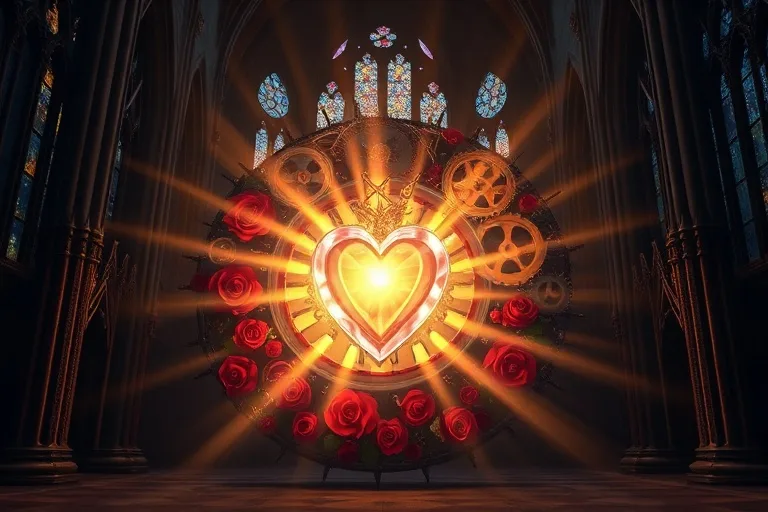 Mecanismo de reloj con corazón y rosas, simbolizando el plan divino
