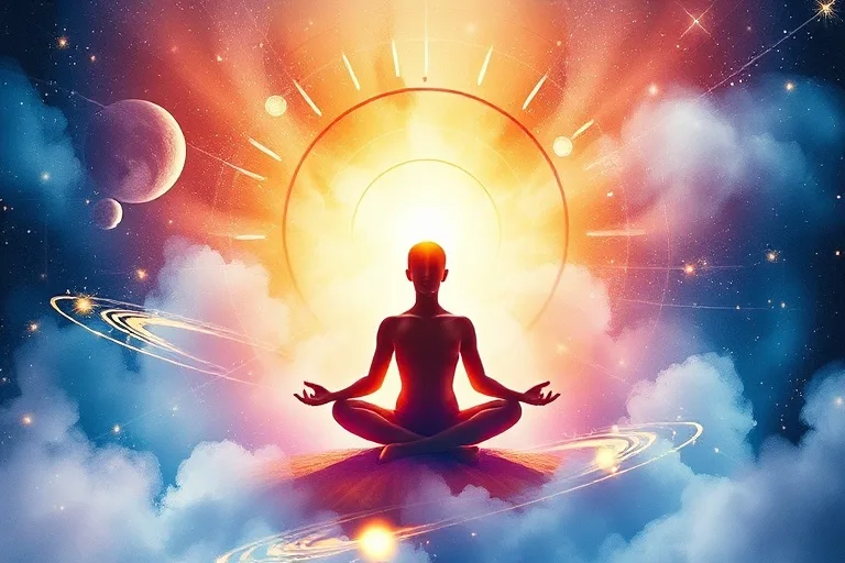 Pintura acuarela de una persona meditando rodeada de órbitas planetarias y líneas de energía, simbolizando la conexión interior y el cosmos.