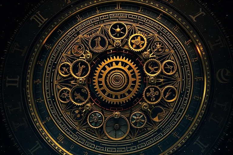 Interlocking gears representing planetary interactions in a cosmic clock