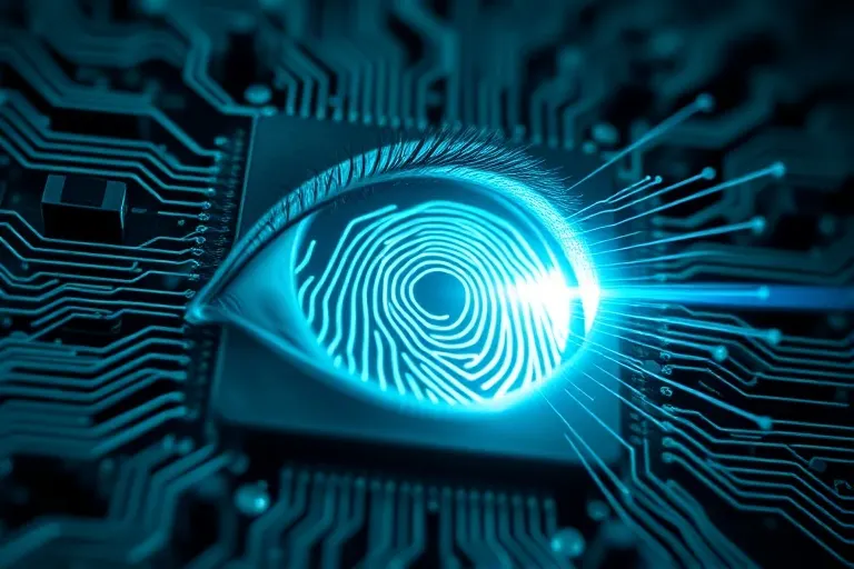 Detalle de un ojo digital escaneando una huella dactilar virtual, simbolizando la verificación explícita de identidad.