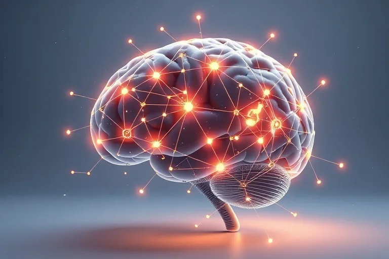 Render 3D de un cerebro con vías neuronales conectadas a símbolos astrológicos, representando la claridad mental y el orden cósmico.
