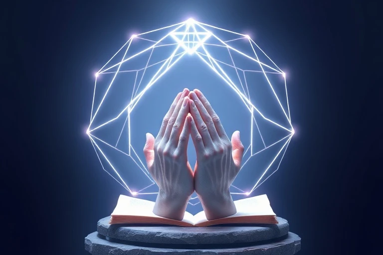 Arte digital de manos en oración con formas geométricas