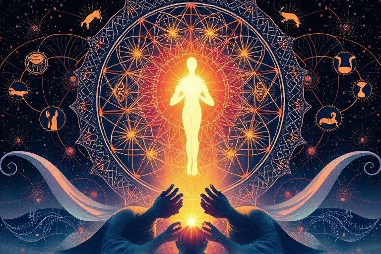 Watercolor painting of sound frequencies intertwining with meditating figures, showing energy fields and harmony.