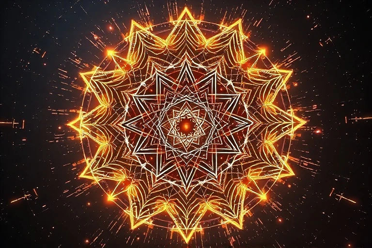 3D render of a sacred mantra manifesting into geometric shapes and light particles, symbolizing creation and transformation.