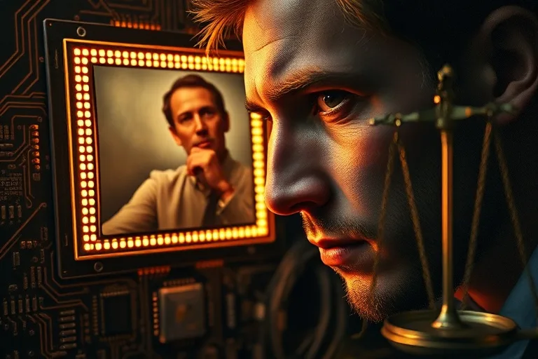 Oil painting depicting a person contemplating deepfake content, surrounded by ethical symbols