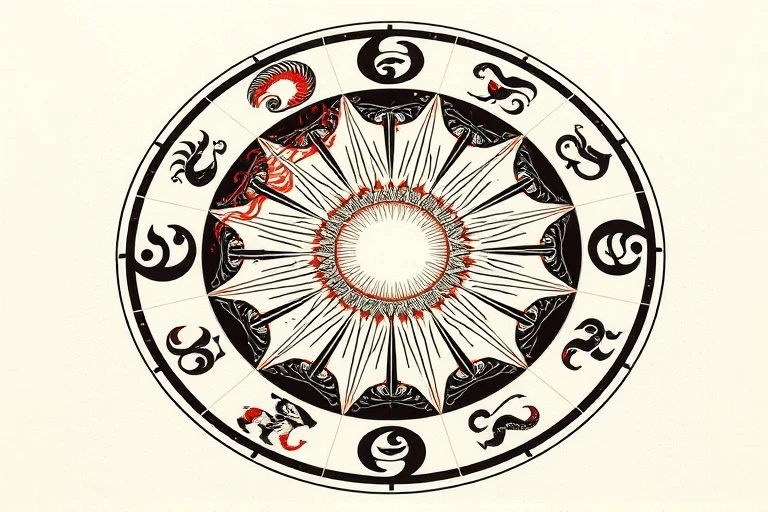 Carta astral con símbolos zodiacales abstractos