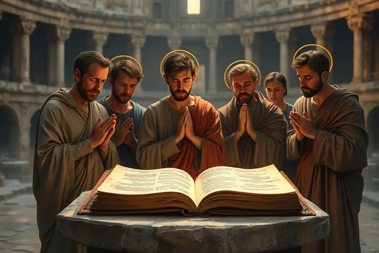 Grupo de mártires cristianos primitivos con expresiones serenas y celestiales en oración.