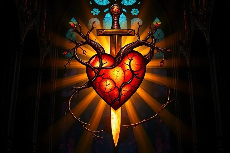Corazón estilizado de vidriera, atravesado por una espada, irradiando luz roja y dorada.