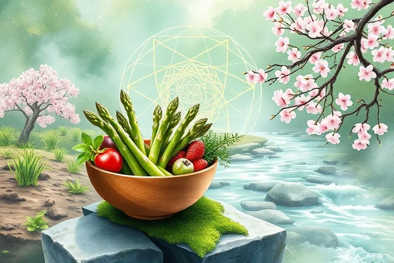 Watercolor illustration of spring foods on a mossy rock