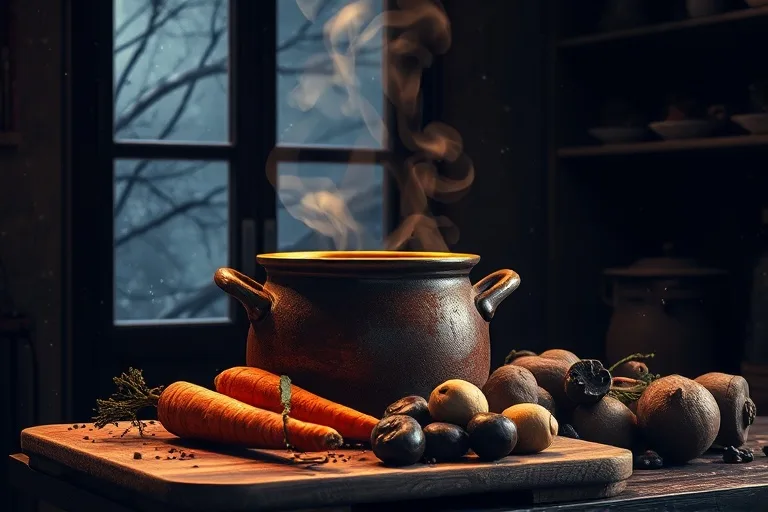 3D render of a warm winter stew with root vegetables