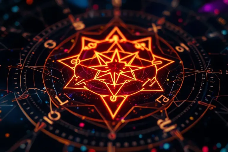 Patrones geométricos y símbolos numéricos brillando sobre una superficie oscura