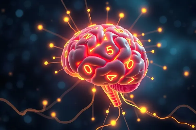 Cerebro estilizado conectándose con dígitos numéricos y partículas cuánticas luminosas