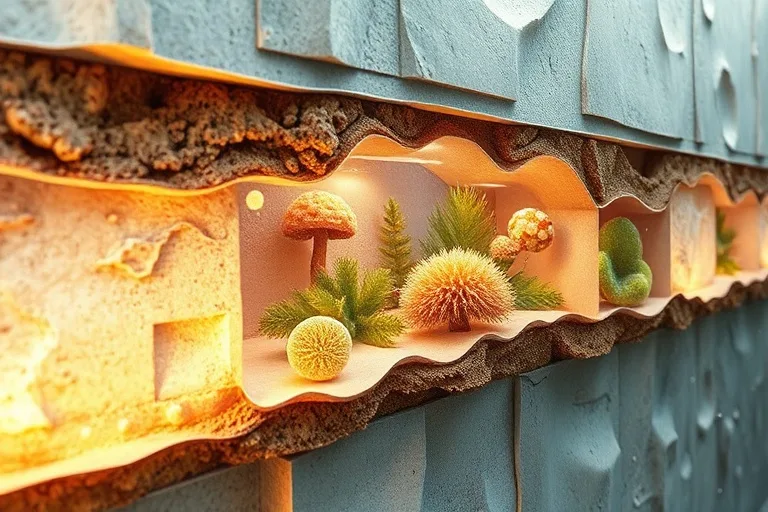 Ilustración acuarela de microorganismos en materiales de construcción