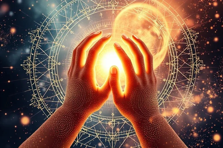 Hands interacting with swirling light and geometric patterns