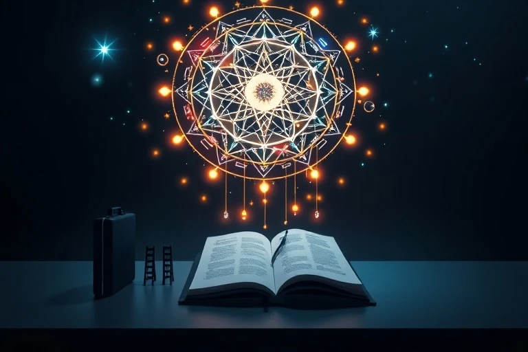Representación de un mapa astral holográfico con símbolos de carrera