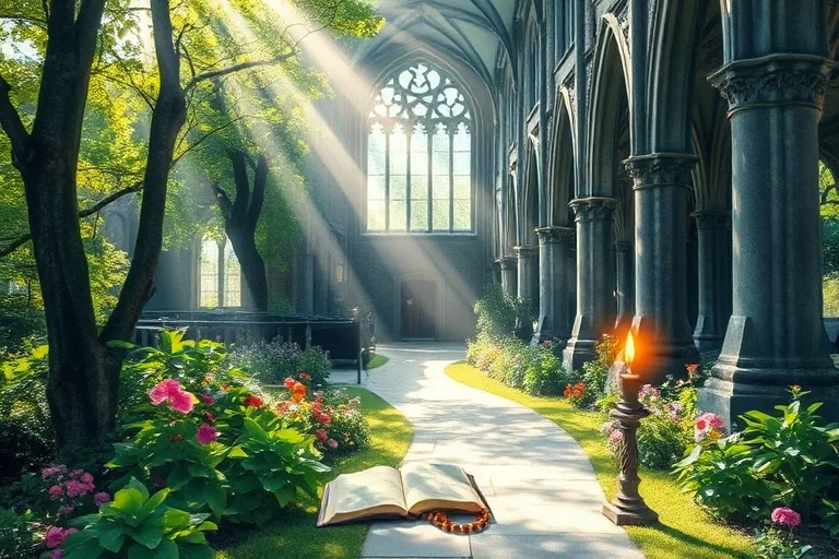 Camino espiritual con símbolos de fe y discernimiento